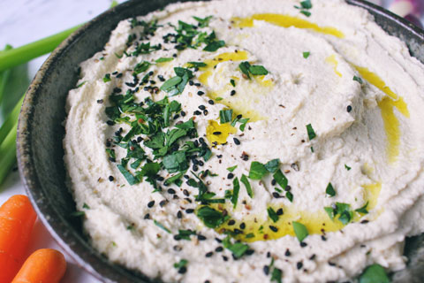 Zoom in on bowl of gut friendly bean free hummus